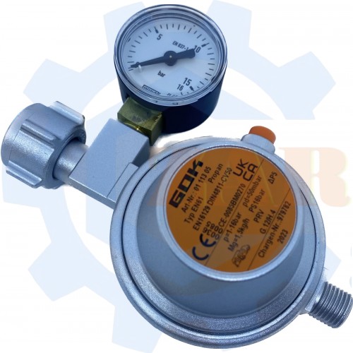 Газовий регулятор з клапаном та манометром KLF G 1/4LH 50 mbar 1,5 кг/год